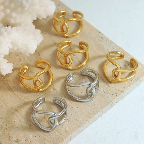 Crossover Doppelring Titanstahl 18K Vergoldet Einzigartiger Minimalistischer Nischendesign Schmuck Für Frauen
