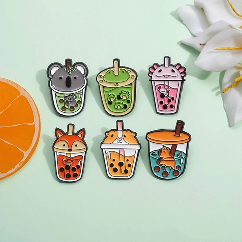 Cute Cartoon Animal Bubble Milk Tea Enamel Pin Brooch Zinc Alloy Axolotl Frog Capybara Fox Hamster Koala Bag Accessory Gift