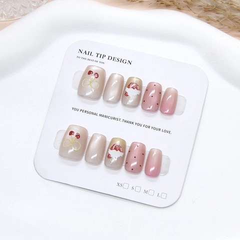 Handmade Press On Nails Cat Eye Cherry Pattern Polka Dot Design Square Oval ABS Reusable Manicure Art Tips For Women