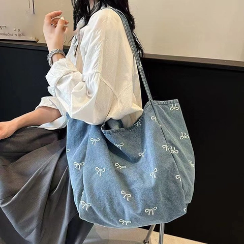 Women Denim Tote Bag White Bow Print Large Capacity Sweet Casual Shoulder Handbag