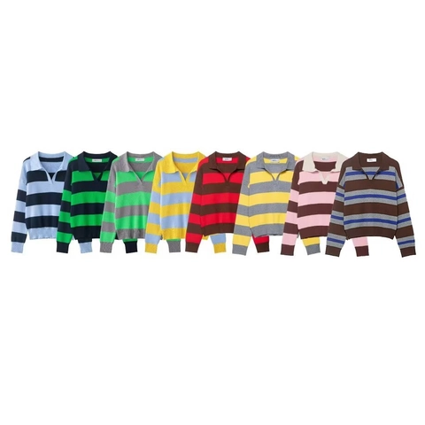 Maglione da Donna in Maglia a Righe Casual Vestibilità Comoda Maniche Lunghe Polo Scollo a V Autunno Semplice Versatile