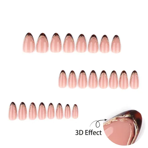 Französische Schildpatt Press On Nägel Mit 3D Goldlinie Nude Pink Mandelform Künstliche Falsche Nägel Für Damen