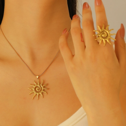 Gioielli Vintage In Acciaio Inossidabile Collana Orecchini Anello Sole Vuoto Girasole Design Boho Moda Per Donne