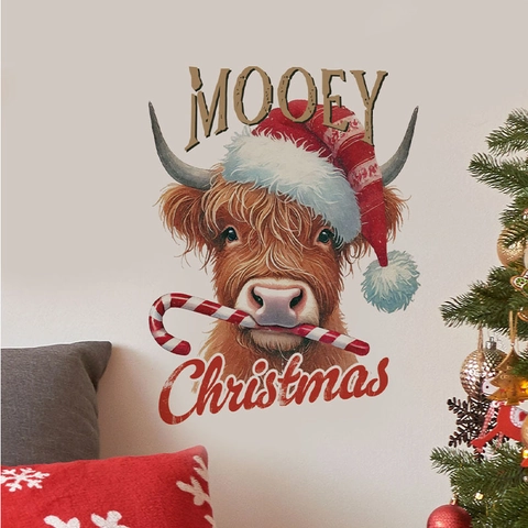 Weihnachts Highland Kuh Wandtattoo PVC Abnehmbar Selbstklebend Feiertag Deko Weihnachtsmann Mütze Zuckerstange Motiv