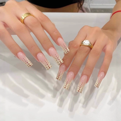 Unghie Finte Press On French Tip Lunghe Bara Con Pois Marrone Rosso Unghie Artificiali Rosa Nude Lucido