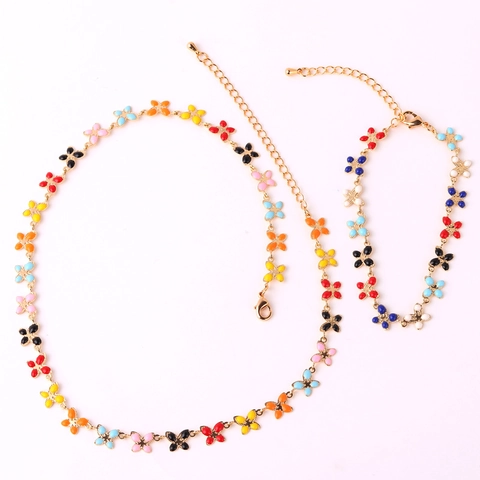 Colorful Enamel Butterfly Flower Necklace Bracelet Gold Plated Brass Trendy Versatile Jewelry Gift For Women