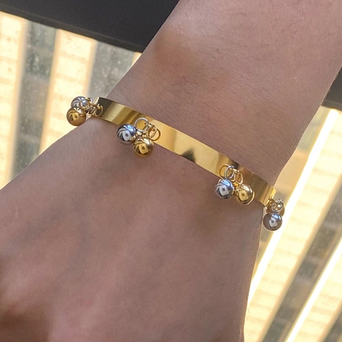 Stainless Steel Bangle For Women 18K Gold Plated Two Tone Bead Pendants Open Cuff Bracelet Hypoallergenic Waterproof Fashion