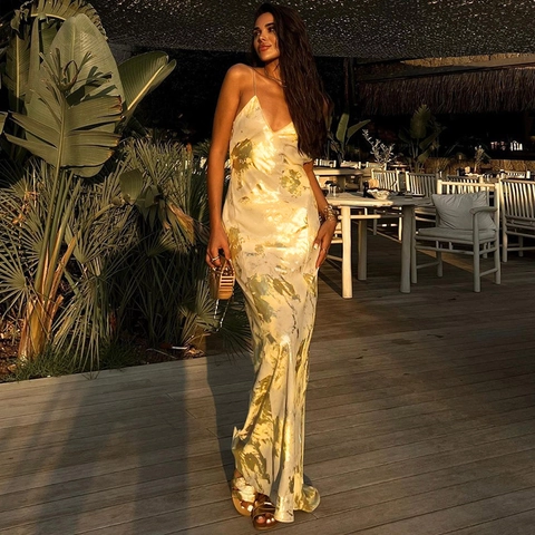 Sexy Backless Maxi Dress Gold Foil Abstract Print Spaghetti Straps V Neck Sleeveless Summer Vacation Clubwear For Women