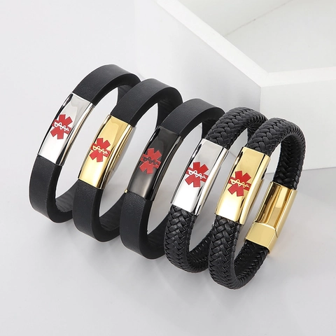 Medizinischer Notfall Armband Herren Edelstahl Notfall ID Geflochtenes Leder Silikon Stern Des Lebens Magnetverschluss