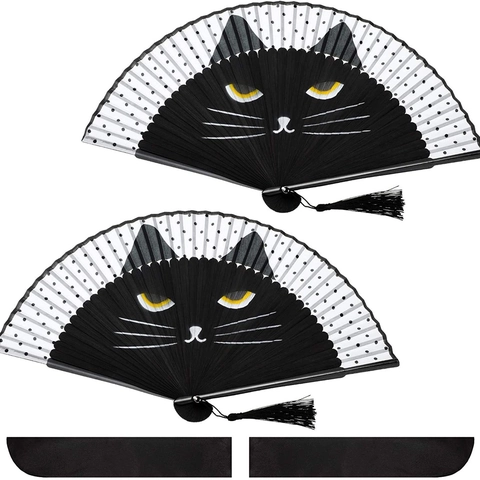 Japanese Style Folding Fan Handheld Bamboo Linen Cloth Cute Cat Face Pattern Polka Dots With Tassel Gift For Women