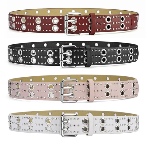 Punk Rock Unisex Gürtel Aus Kunstleder Mit Mehrreihigen Metallösen Nieten Legierung Doppeldornschließe Mode Hüftgurt Für Jeans