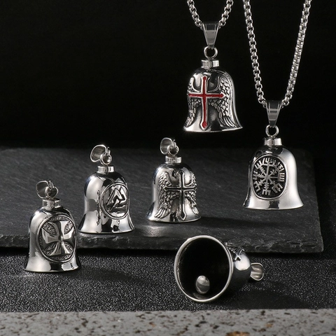 Vintage Stainless Steel Viking Guardian Bell Pendant For Men Punk Gothic Cross Angel Wings Motorcycle Biker Jewelry