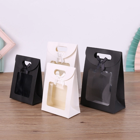 Gift Paper Bags With Clear Window Ribbon Bow Handle Packaging Pouch For Wedding Birthday Party Favors
