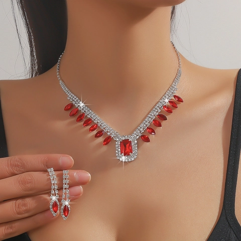 Luxe Kristal Geometrische Vierkante Hanger Ketting Oorbellen Sieraden Voor Vrouwen Glanzende Strass Legering Accessoire