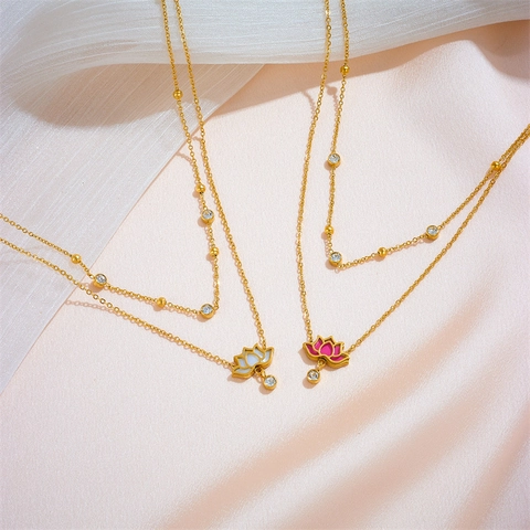 Double Layer Lotus Flower Pendant Necklace Stainless Steel Gold Plated Enamel Zircon Titanium Steel Women Jewelry