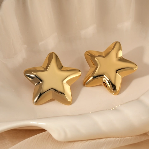 Star Stud Earrings 316 Stainless Steel PVD Gold Plated High Polish Puffy Geometric Jewelry For Women