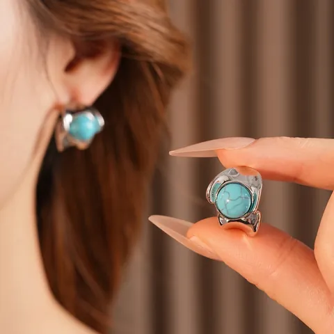 Pendientes De Aro En Forma De C De Aleación Retro Con Piedra Turquesa Y Poste De Plata - Joyas Geométricas Vintage