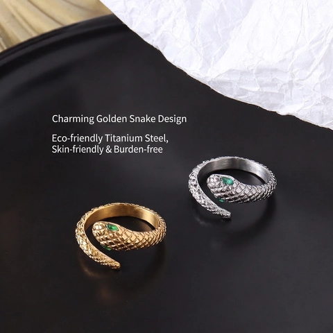 Slang Open Ring 18K Verguld Titaniumstaal Groene Zirkoon Ogen Schubbentextuur Luxe Niche Sieraden Voor Vrouwen