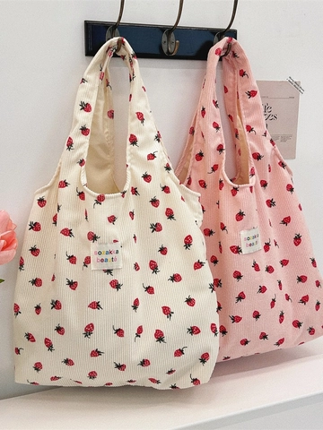 Corduroy Shoulder Bag Strawberry Print Kawaii Tote Handbag Large Capacity Casual Sweet Makeup Organizer For Women