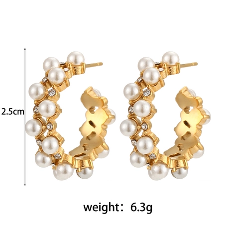 Orecchini a Cerchio C in Acciaio Inossidabile di Lusso per Donna Placcato Oro 18K Perla Artificiale Zirconia Gioielli