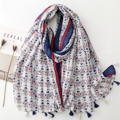 Sciarpa Scialle Con Stampa Pesce Stile Marinaresco Voile Leggero Con Nappine Spiaggia Protezione Solare Accessori Donna