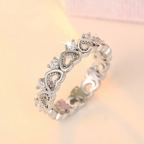Heart Ring Copper Hollow Eternity Band Cubic Zirconia Studded Sweet Elegant Jewelry For Women
