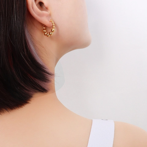 French Vintage Geometric Beaded Hoop Stud Earrings For Women 18K Gold Plated Titanium Steel Round Bead Earrings Fashion Jewelry