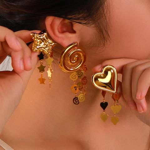 Vintage 18K Gold Plated Stainless Steel Heart Star Shell Pendant Tassel Dangle Earrings For Women Fashion Jewelry