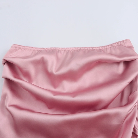Top A Tubo E Pantaloni A Gamba Larga Raso Consistenza Raso Pieghettato Elegante Sexy Rosa Abiti Casual Donna