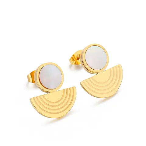Geometric Fan Stud Earrings Gold Plated Stainless Steel With Mother Of Artificial Pearl Inlay Minimalist Semi Circle Jewelry For Women