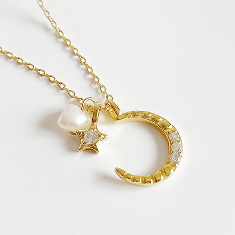 Collana Sole Luna Stella Argento Sterling 925 Placcato Oro 18K Perla Acqua Dolce Zirconia Girocollo Gioielli Eleganti Francesi