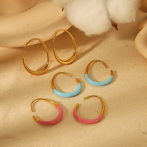 C-Shape Hoop Earrings 18K Gold Plated Stainless Steel Colorful Enamel Drip Oil Geometric Modern Jewelry For Women