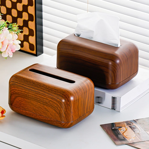 Rectangular Tissue Box Cover Plastic Walnut Wood Grain Texture Spring Lift Holder Modern Minimalist Desktop Living Room