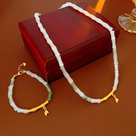 Bamboo Joint Necklace And Bracelet Copper Natural Stone Gold Leaf Pendant Retro New Chinese Style Jewelry Women