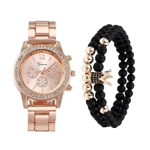 Dames Mode Kwartshorloge Legering Stalen Band Strass Bezel Kroon Charm Kralen Armband Casual Sieraden