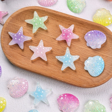 Resin Starfish Shell Charms Colorful Glitter Transparent DIY Flatback Accessories For Hair Clips Shoes Bag Decoration Sweet