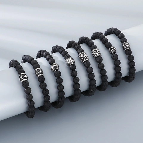 Natural Lava Stone Beaded Bracelet With Retro Silver Color Alloy Charm Punk Ethnic Style Jewelry For Men Women