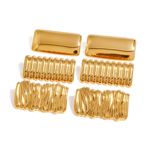 Geometric Square Wave Textured Earrings 18K Gold Plated Stainless Steel Concave Convex Trendy For Women