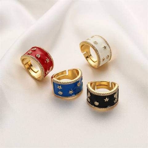 Böhmischer Kupfer Stern Emaille Offener Ring Für Frauen Verstellbares Breites Band Zirkonia Inlaid Schmuck