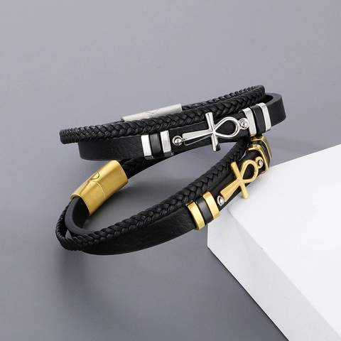 Men Multilayer Leather Bracelet With Stainless Steel Ankh Cross Braided Cord Wristband Magnetic Buckle Retro Punk Jewelry