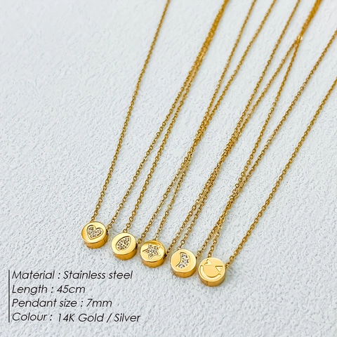 Collar con Colgante de Cara Sonriente de Acero Inoxidable Mujer Chapado en Oro Plata Strass Estrella Corazón Póker Joyería