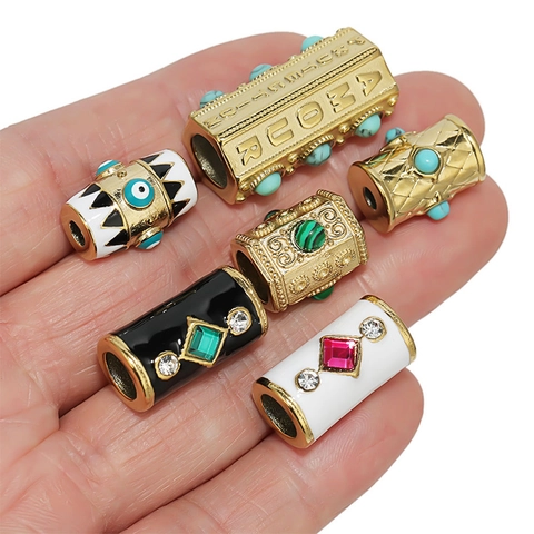 Cuentas Espaciadoras Hexagonales Cilíndricas De Acero Inoxidable Evil Eye Esmalte Turquesa Incrustado Estilo Retro Para Joyas