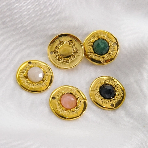 Rundanhänger Aus Edelstahl Mit Naturstein 14K Vergoldete Charms Für DIY Schmuckherstellung Halsketten Ohrringe