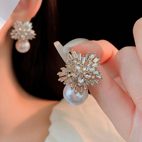 Orecchini Pendenti A Fiore Con Strass E Perno In Argento Lega Perla Artificial Sintetica Gioielli Eleganti