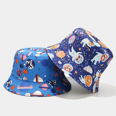 Reversible Bucket Hat Cotton Space Astronaut Planet Pattern Sun Protection Casual Summer Sun Hat For Men Women