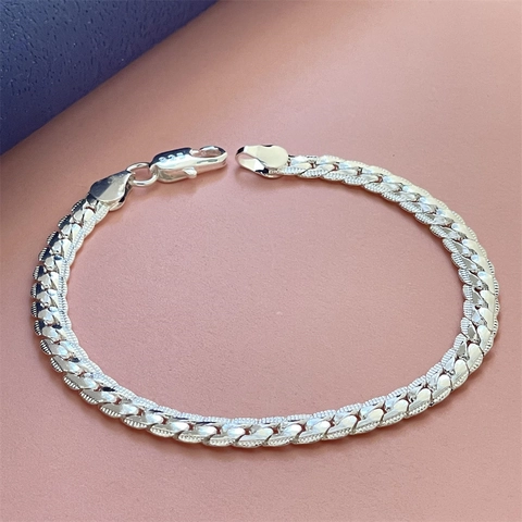 Silver Plated Copper Curb Chain Bracelet Textured Edge Minimalist Fashion Jewelry For Women Men