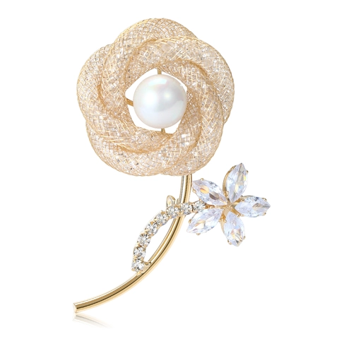 Elegant Hollow Rose Flower Brooch With Artificial Pearl And Rhinestones Alloy Pin Jewelry For Women Dress Coat Decoration