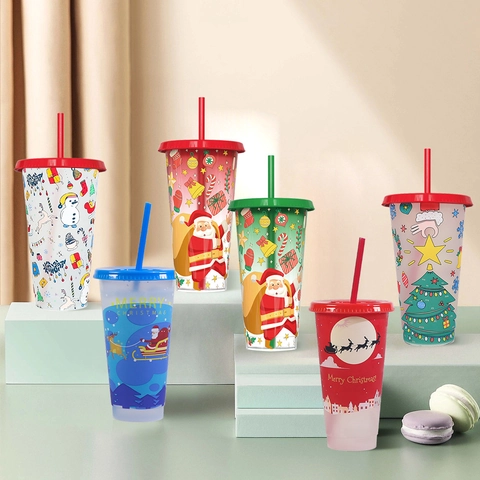 Christmas Cold Sensitive Color Changing Plastic Cup With Lid And Straw Santa Snowman Tree Pattern Reindeer Tumbler Gift