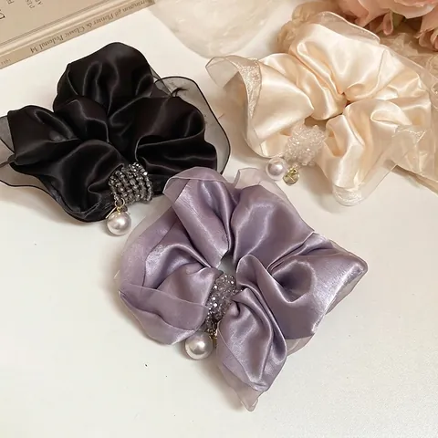 Large Satin Organza Scrunchies Elegant Hair Ties With Faux Artificial Pearl Crystal Pendants Elastic Hairbands For Women Girls