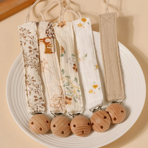 Cotton Muslin Pacifier Clip With Beech Wood Holder Anti Drop Nipple Chain For Babies Infant Handmade Style Teether Strap